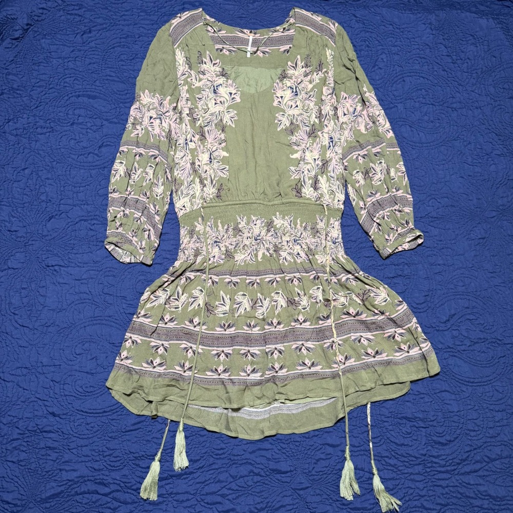 Free People Olive Green Moonlight Drive Mini Dress Floral Tassel Boho Fairy